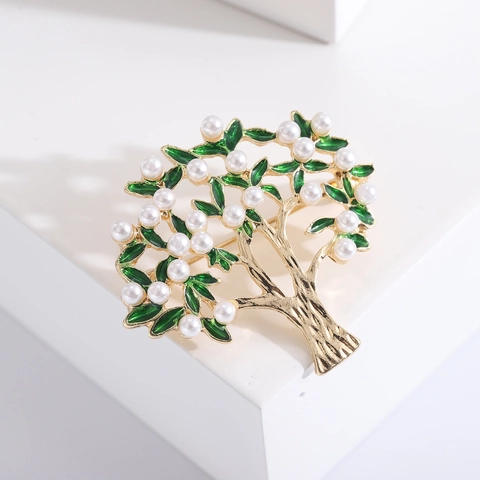 Vintage Gold Baum Brosche Für Damen Mit Grünen Emaille Blättern Und Künstlicher Perlen Dekoration Eleganter Anzug Pin