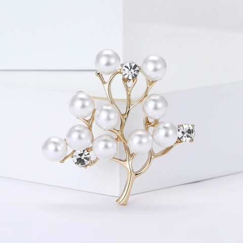 Elegante Legering Boomtak Brosche Voor Vrouwen Kunstparel Strass Pin Sieraden Cadeau Voor Pak Trui Goud Zilver