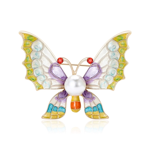 Mode Legering Vlinder Broche Pin Met Emaille Kleur Grote Imitatieparel Strass Ogen Elegante Insect Corsage Voor Vrouwen Cadeau