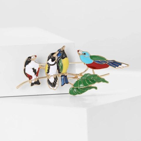 Chinese Style Alloy Enamel Bird Brooch Colorful Birds On Branch Pin For Women Suit Cardigan Accessories Fashion Jewelry