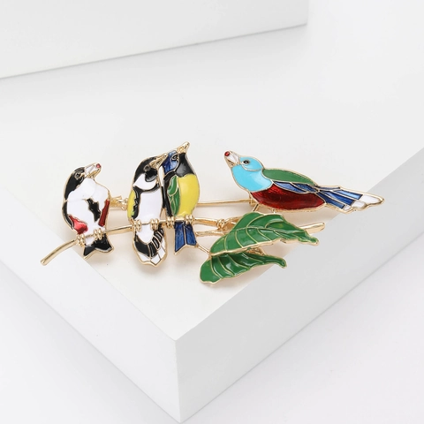 Chinese Style Alloy Enamel Bird Brooch Colorful Birds On Branch Pin For Women Suit Cardigan Accessories Fashion Jewelry