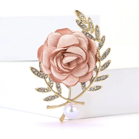 Vintage Legierung Stoff Rose Blume Brosche Mit Strass Blättern Und Künstliche Perle Elegante High End Anzug Mantel Corsage Damen