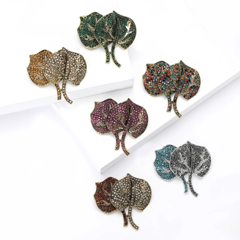 Vintage Luxury Alloy Double Leaf Brooch Pin For Women Inlaid Rhinestone Botanical Floral Fashion Clothes Accessories Gift