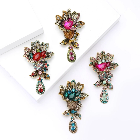 Vintage Legierung Strass Blume Brosche Für Damen Hochwertige Palast Stil Florale Tränen Anhänger Brosche Pins Party Schmuck
