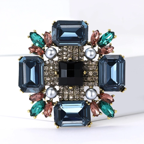 Spilla a Croce in Lega di Lusso Retro con Gemme di Vetro per Donna Corsage Geometrico con Strass e Perle Artificiali Gioielli