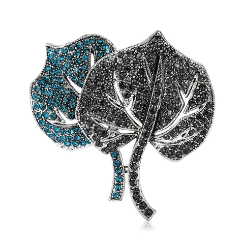 Vintage Luxury Alloy Double Leaf Brooch Pin For Women Inlaid Rhinestone Botanical Floral Fashion Clothes Accessories Gift