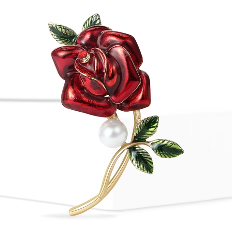 Elegante Spilla a Forma di Rosa in Lega Vintage Con Petali in Smalto Rosso Perla Artificiale e Strass Intarsiati Gioielli Donna