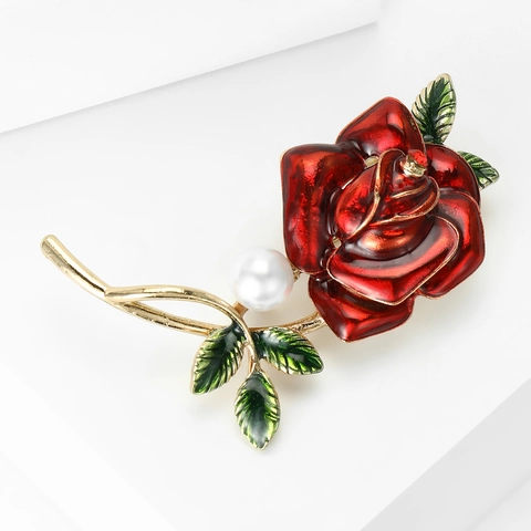 Vintage Red Enamel Rose Flower Brooch With Faux Pearl And Zirconia Alloy Gold Plated Floral Pin For Women Wedding Party Jewelry