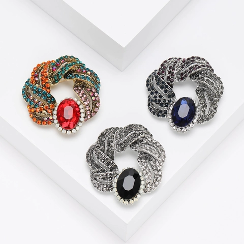 Vintage Palace Style Oval Rhinestone Brooch Alloy Inlaid Big Stone Flower Brooch Pin For Women Fashion Clothing Accessories