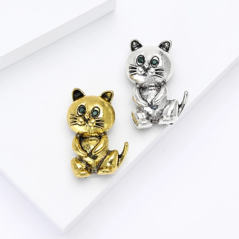 Vintage Emaille Katze Brosche Süße Tier Kätzchen Brustnadel Grüne Strass Augen Vergoldet Versilbert Mode Schmuck Zubehör