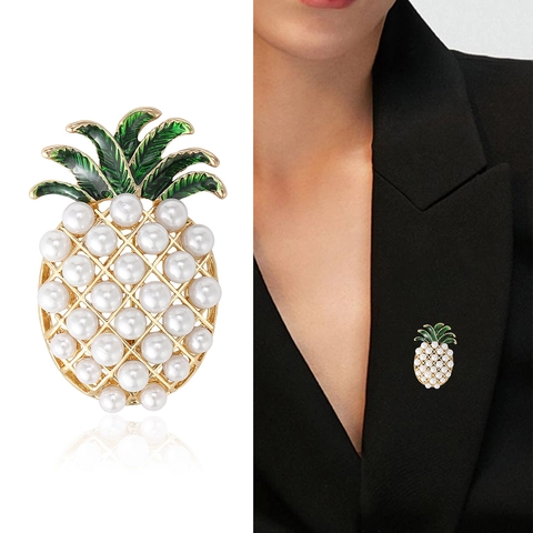 Broche Creativo con Forma de Piña para Mujer Aleación Perla Artificial Esmalte Verde Insignia de Fruta Pin de Moda Joyería Elegante Accesorio Regalo