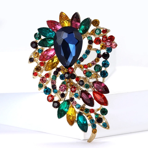 Vintage Luxuriöse Legierung Strass Große Brosche Blume Blatt Design Eingelegtes Kristall Glas Schmuck Pin Für Damen Anzug Mantel
