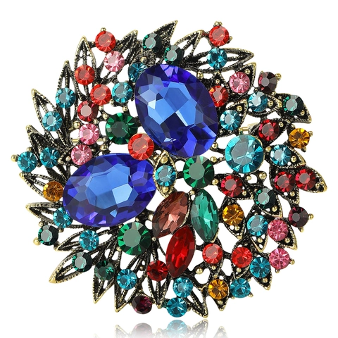 Vintage Alloy Colorful Rhinestone Flower Brooch Pins For Women Classic Antique Gold Crystal Floral Jewelry Accessories