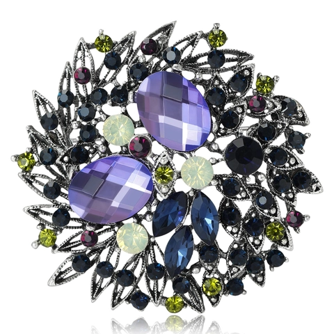 Vintage Alloy Colorful Rhinestone Flower Brooch Pins For Women Classic Antique Gold Crystal Floral Jewelry Accessories