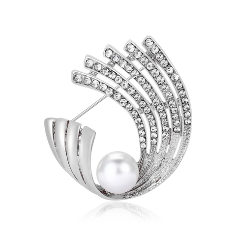 Élégante Broche en Alliage Forme Éventail avec Perle Artificielle et Strass Vintage Broche Ondulée Bijoux de Mode pour Femme