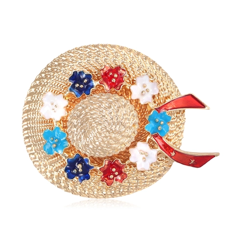 Spilla a Forma di Cappello di Paglia in Lega Vintage per Donna Spilla da Bavero con Fiori Smaltati Accessori Moda Abbigliamento Gioielli