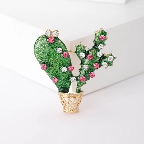 Broche de Cactus en Maceta de Esmalte Aleación Diamantes de Imitación Rosa Blanco Incrustado Pin Joyería Decorativa Mujer Regalo