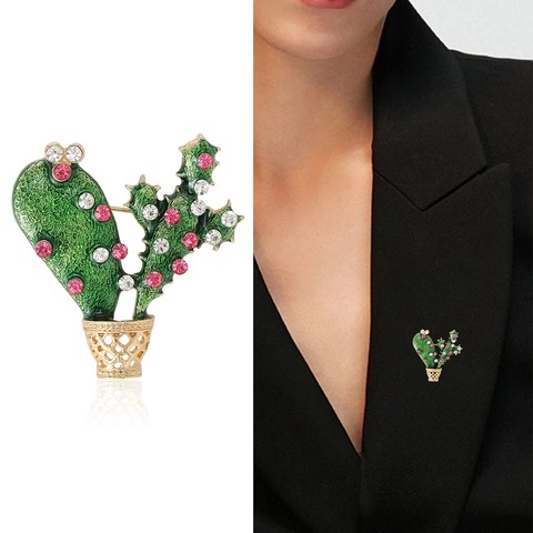 Broche de Cactus en Maceta de Esmalte Aleación Diamantes de Imitación Rosa Blanco Incrustado Pin Joyería Decorativa Mujer Regalo