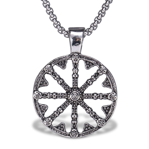 Vintage Dharma Wheel Ship Rudder Pendant Necklace For Men Stainless Steel Box Chain Alloy Religious Punk Jewelry Silver