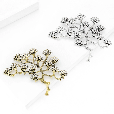 Vintage Alloy Pine Tree Branch Brooch With White Faux Artificial Pearls Antique Gold Silver Plant Pin For Women Banquet Wedding Jewelry