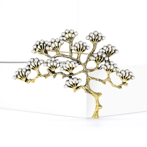 Vintage Alloy Pine Tree Branch Brooch With White Faux Artificial Pearls Antique Gold Silver Plant Pin For Women Banquet Wedding Jewelry