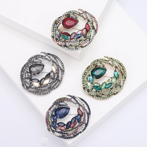 Broche de Aleación de Diamantes de Imitación Espiral Redondo Vintage para Mujer Cristal de Lujo Floral Incrustado Joyería