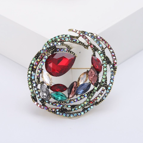 Broche de Aleación de Diamantes de Imitación Espiral Redondo Vintage para Mujer Cristal de Lujo Floral Incrustado Joyería