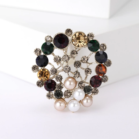 Spilla Vintage a Forma di Fiore con Strass Multicolore e Perle Artificiali per Accessori da Donna per Cappotto e Abito