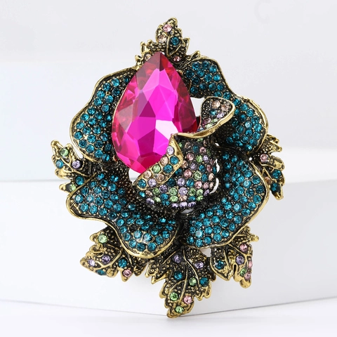 Spilla a Fiore in Lega Vintage Con Strass Intarsiati Perno in Cristallo a Goccia d'Acqua per Accessori Cappotto Matrimonio Banchetto Donna