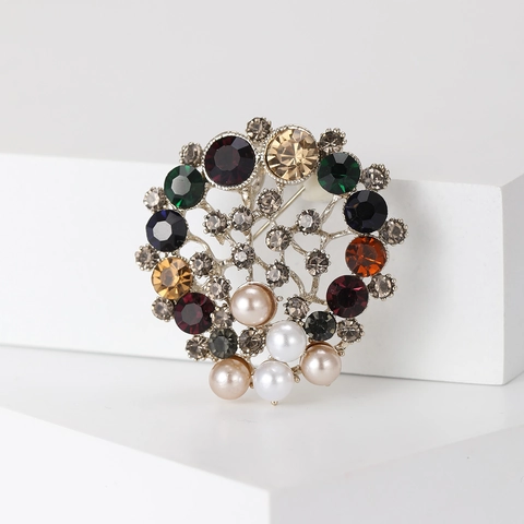 Spilla Vintage a Forma di Fiore con Strass Multicolore e Perle Artificiali per Accessori da Donna per Cappotto e Abito