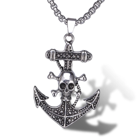 Vintage Stainless Steel Skull Anchor Pendant Necklace For Men Gothic Punk Pirate Style Jewelry Necklace Silver Color