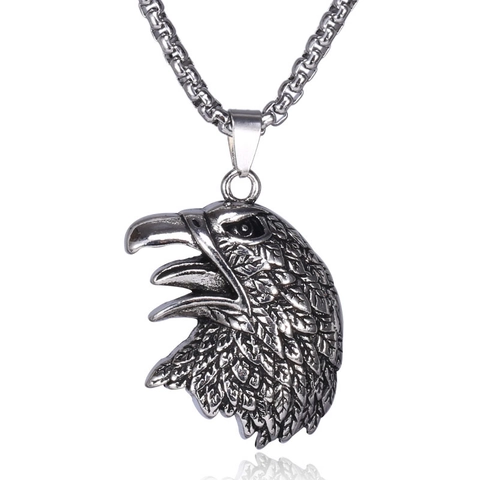 Retro Stainless Steel Eagle Head Pendant Necklace For Men Vintage Punk Style Alloy Silver Jewelry Durable Box Chain Charm