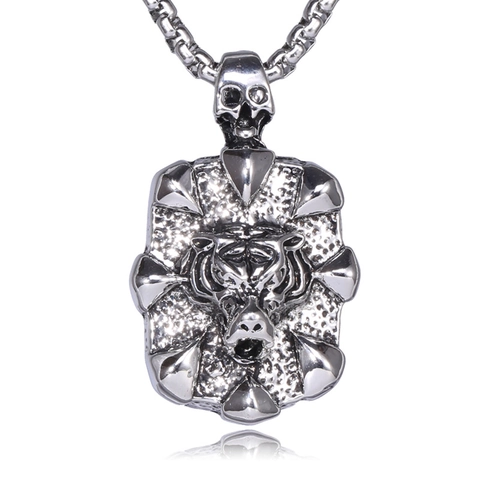 Vintage Punk Stainless Steel Alloy Tiger Head Skull Pendant Necklace For Men Silver Color Goth Rock Biker Jewelry Gift