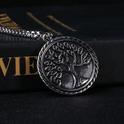Collar de Colgante Redondo Árbol de la Vida de Acero Inoxidable Retro para Hombre Mujer Aleación Plata Antigua Joyería