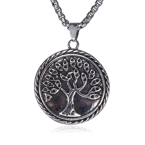 Collar de Colgante Redondo Árbol de la Vida de Acero Inoxidable Retro para Hombre Mujer Aleación Plata Antigua Joyería