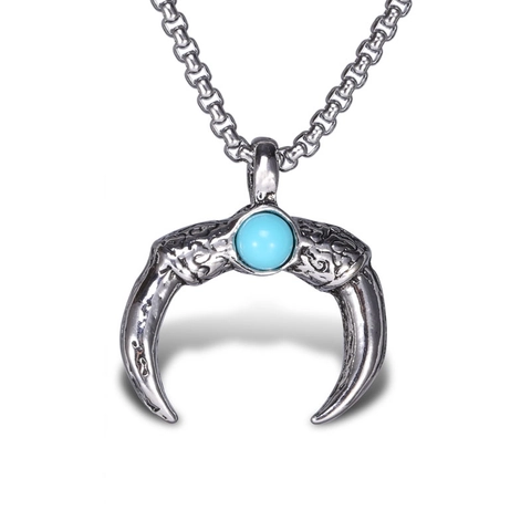 Vintage Roestvrijstalen Box Ketting Halsketting Legering Halve Maan Hoorn Hanger Met Kunstmatige Turkoois Retro Punk Sieraden