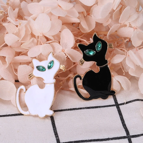 Spilla a Forma di Gatto in Smalto Lega Animale Spilla da Donna Vintage Stile Coreano Strass Occhi Spille Gioielli Regalo