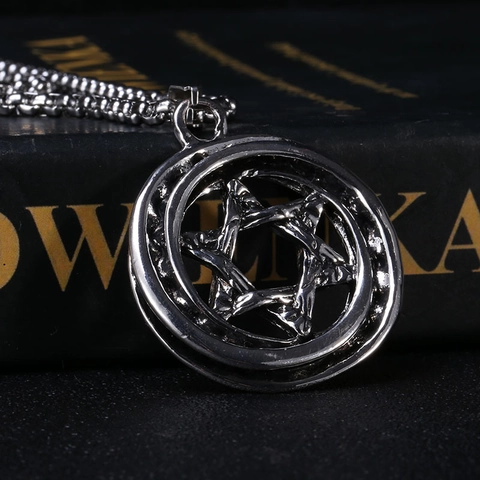 Vintage Edelstahl Legierung Davidstern Anhänger Halskette Für Herren Retro Punk Hexagramm Runde Rad Medaillon Schmuck Geschenk