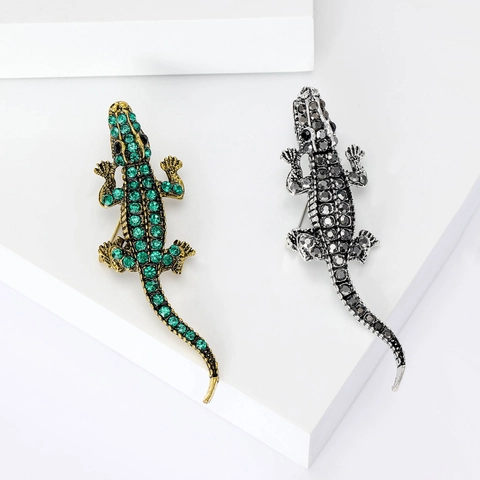 Personalized Alloy Rhinestone Crocodile Animal Brooch For Women Men Vintage Green Silver Plated Lizard Pins Fashion Jewelry Accessory