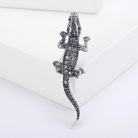 Personalized Alloy Rhinestone Crocodile Animal Brooch For Women Men Vintage Green Silver Plated Lizard Pins Fashion Jewelry Accessory