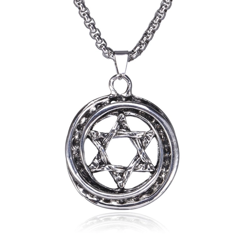 Vintage Edelstahl Legierung Davidstern Anhänger Halskette Für Herren Retro Punk Hexagramm Runde Rad Medaillon Schmuck Geschenk