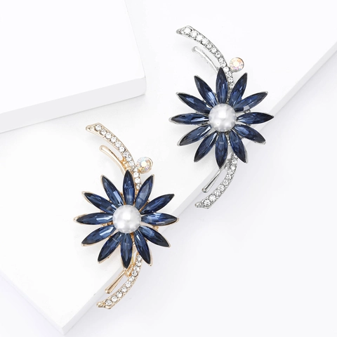 Luxury Blue Crystal Flower Brooch For Women Alloy Rhinestone Faux Artificial Pearl Pins For Coats Banquet Wedding Jewelry Accessories