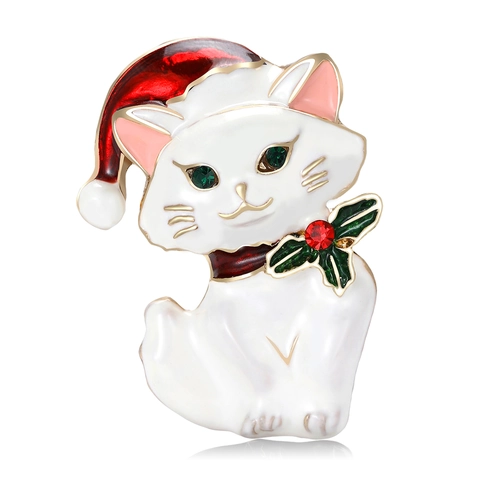 Spilla a Gatto di Natale Graziosa Spilla a Gattino in Smalto Con Cappello di Babbo Natale Foglia di Agrifoglio Strass Lega Donne Gioielli