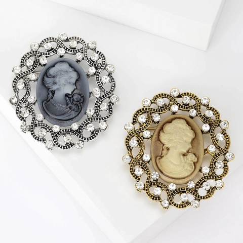 Vintage Victorian Cameo Brooch For Women Alloy Rhinestone Female Profile Relief Pin Gold Silver Retro Fashion Accessory