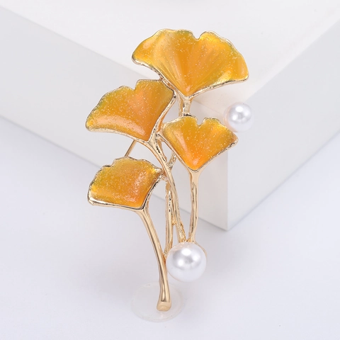 Elegante Broche de Aleación de Hoja de Ginkgo Para Mujer Con Perla Artificial Diamante de Imitación Incrustado Esmalte Alfiler de Solapa Joyería de Moda