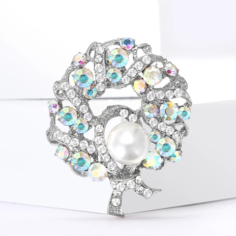 Broche de Guirnalda de Aleación de Strass de Lujo Con Perla Artificial Elegante Lazo Pin Circular para Joyería de Moda de Mujer