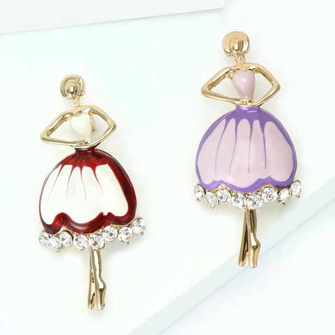 Elegant Ballet Girl Enamel Brooch Pin With Rhinestone Alloy Dancing Girl Drip Oil Badge For Women Suits Dress Jewelry Gift