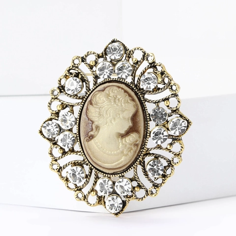 Vintage Alloy Cameo Brooch For Women Rhinestone Beauty Head Portrait Pin Victorian Style Fashion Jewelry Clothing Corsage