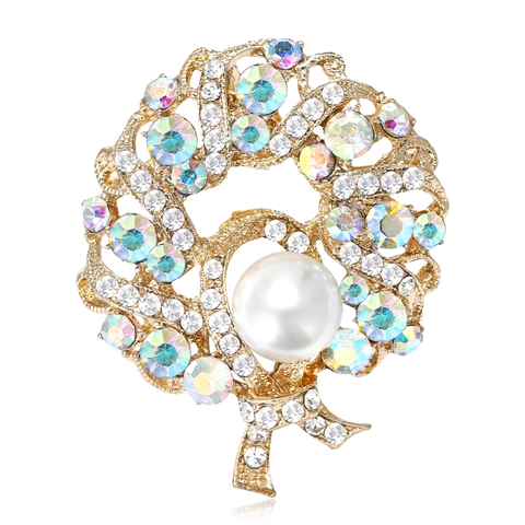 Broche de Guirnalda de Aleación de Strass de Lujo Con Perla Artificial Elegante Lazo Pin Circular para Joyería de Moda de Mujer