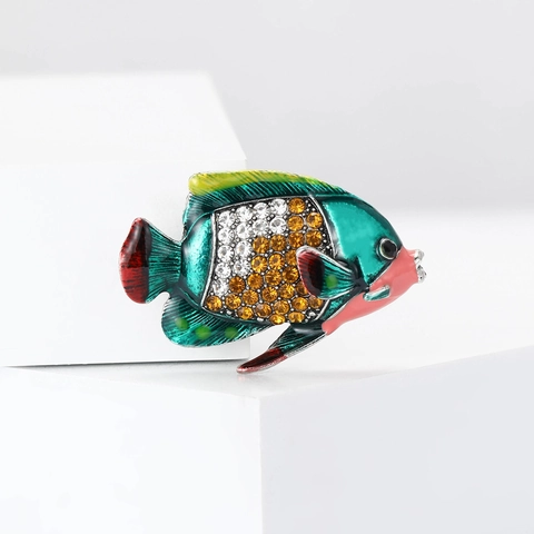 Luxury Alloy Rhinestone Tropical Fish Brooch For Women Enamel Marine Animal Clothing Pin High Grade Suit Jewelry Accessory